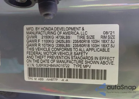 2021 Honda Cr-V Awd Ex-L из США, поврежденный, VIN 5J6RW2H84MA015722